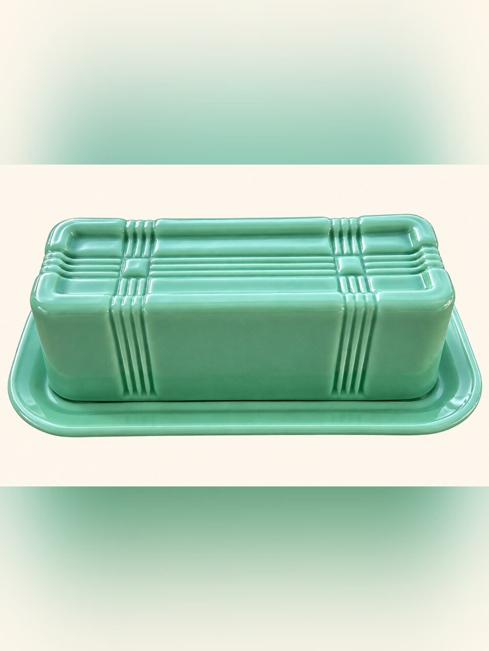 TableCraft Jadeite Glass Butter Dish Green Art Deco Retro Depression Style TPC